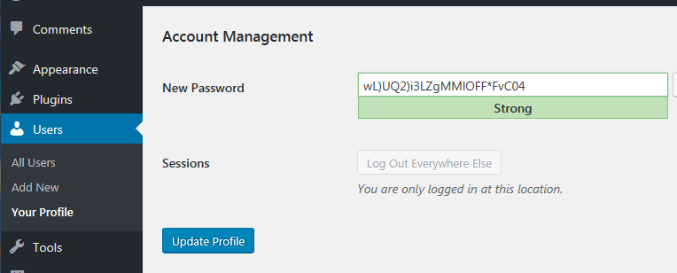 A strong password generated in WordPress