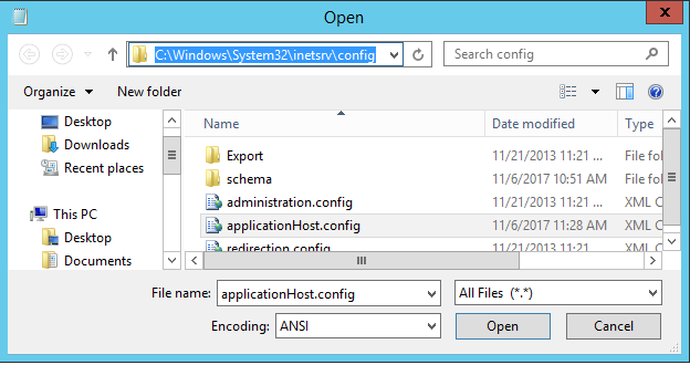 Open the IIS configuration file in the notepad