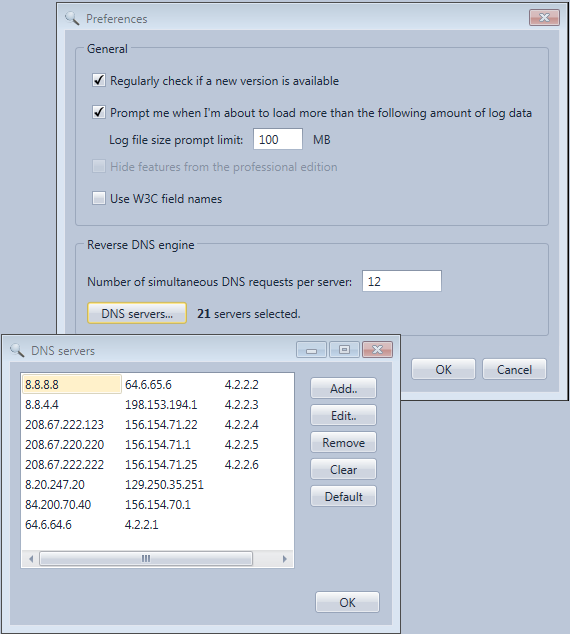 DNS servers configuration for client IP addresses host name determination in the HttpLogBrowser