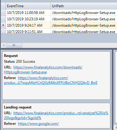 Original referrer displayed in the event panel of the HttpLogBrowser