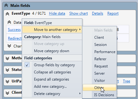 Edit field categories with the context menu of the field statistics panel in the HttpLogBrowser