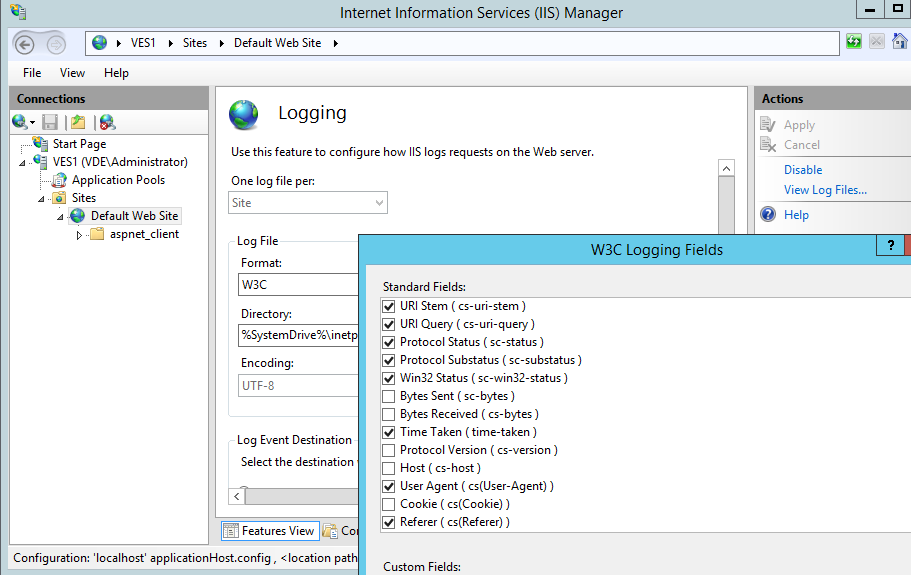 Select W3C fields for the HTTP logging in IIS