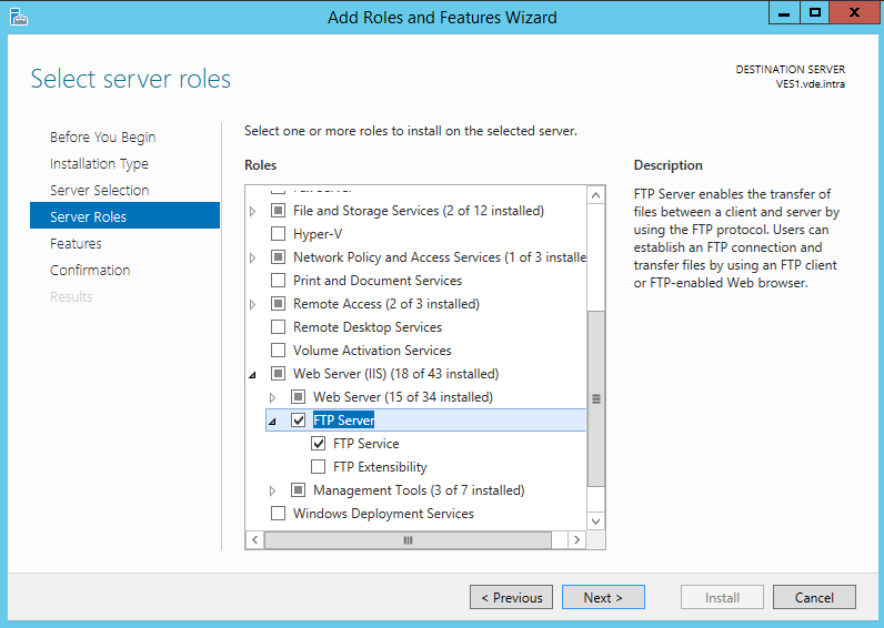 Install the FTP site feature in IIS