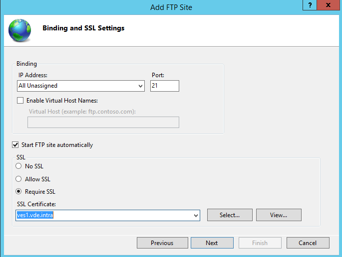 Configure IIS FTP site binding and SSL settings