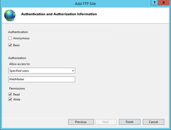 Configure IIS FTP site authentication and authorization information