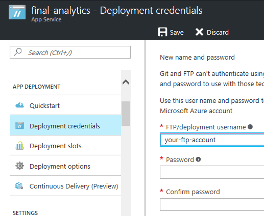 Configure FTP credentials in an Azure web app