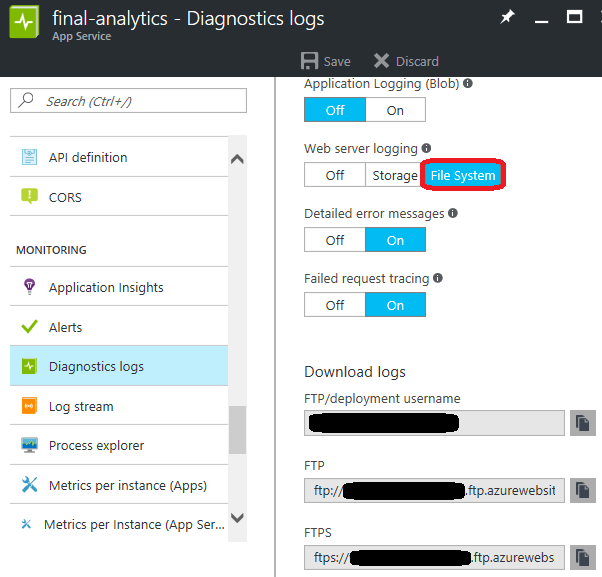 Enable http logging in an Azure web app