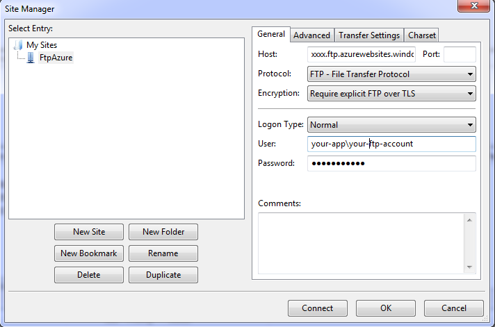Add FTP site for an Azure web app in FileZilla