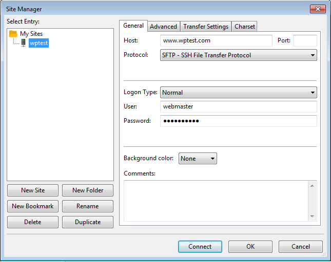 FileZilla site configuration to access Apache log files