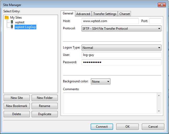 Site in FileZilla to access shared Apache log files