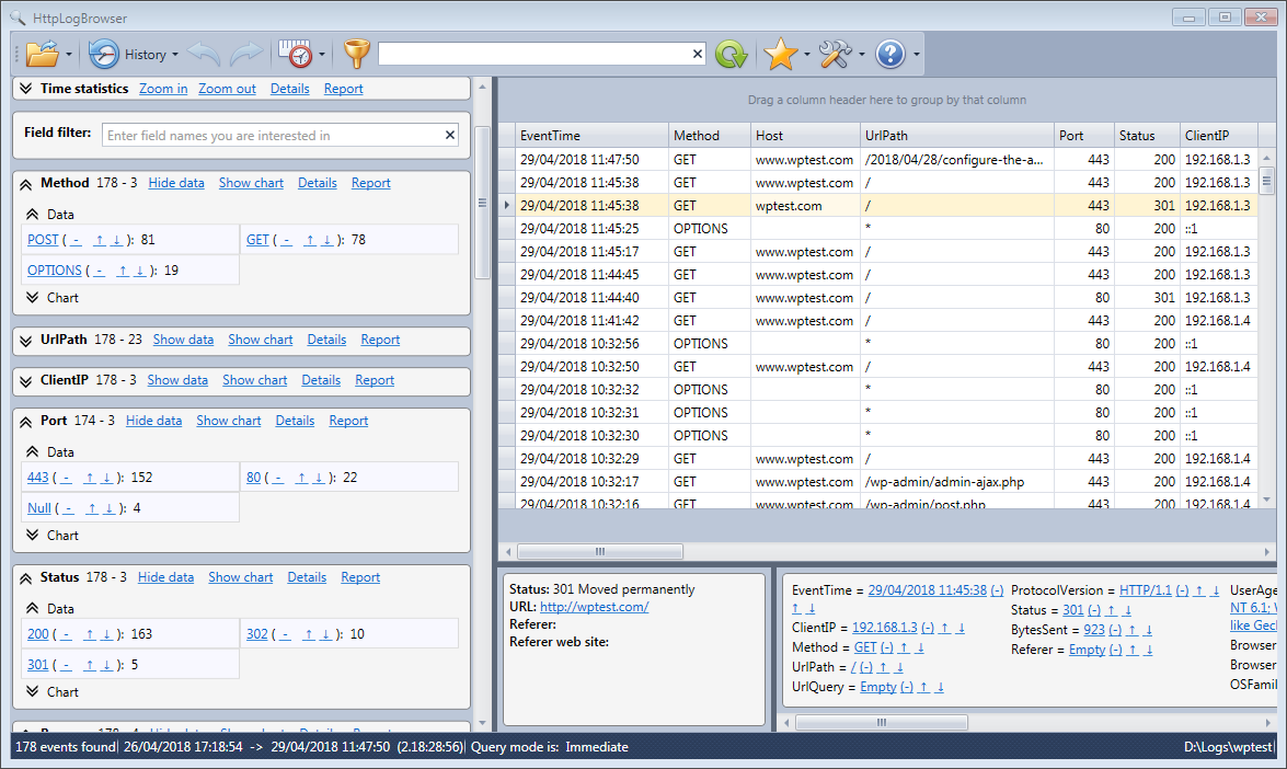 Apache logs loaded in the HttpLogBrowser