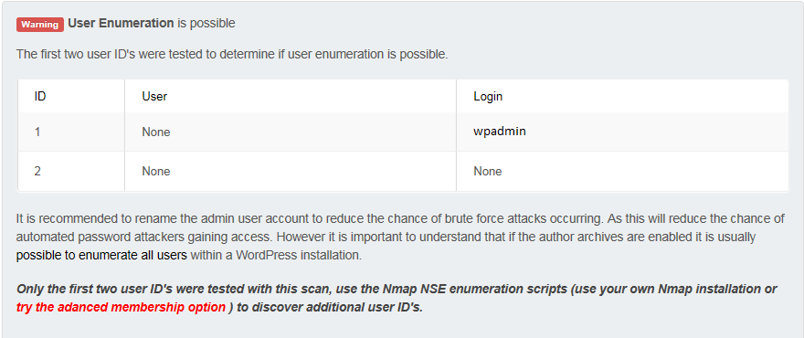 Use enumeration detected in a default WordPress installation