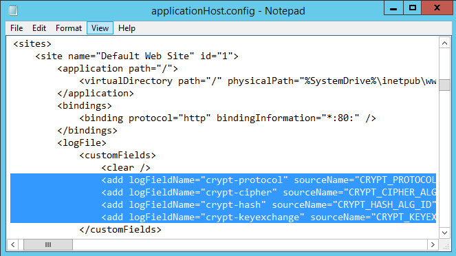 Cryptographic fields configuration in the IIS configuration file