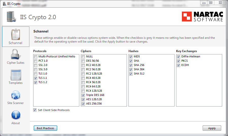 IISCrypto settings after applying the PCI DSS 3.1 template