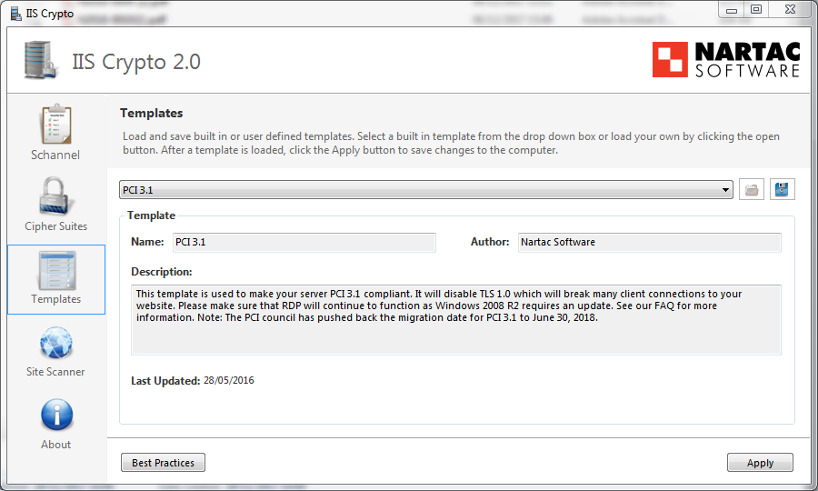 Select the PCI DSS 3.1 template in IISCrypto