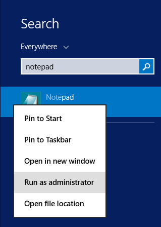 Launch the notepad as administrator on Windows Server 2012 R2