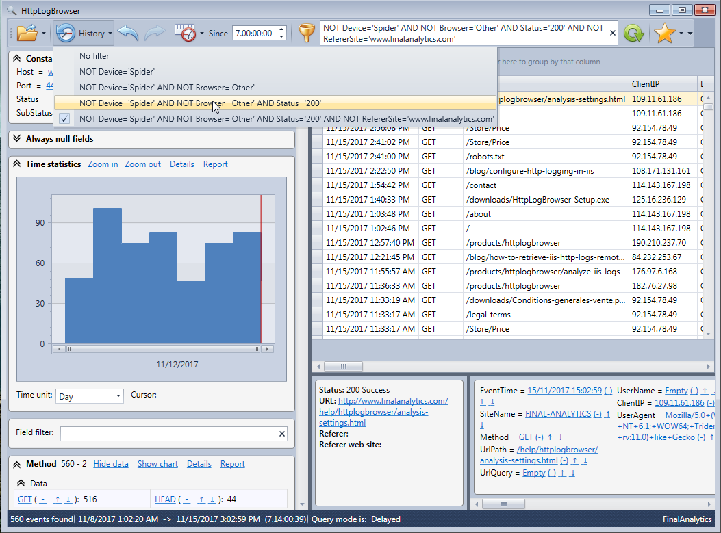 Filter history and time statistics chart in the HTTP Log Browser