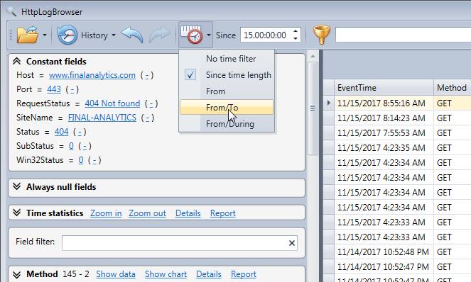 Select the time frame in the Http Log Browser