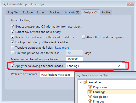 Configuration of the default filter automatically applied when loading log rows from a profile