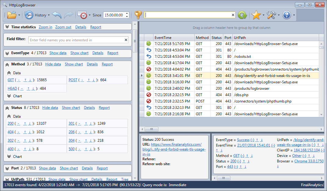 Main view of the HttpLogBrowser with log rows on the right and statistics on the left