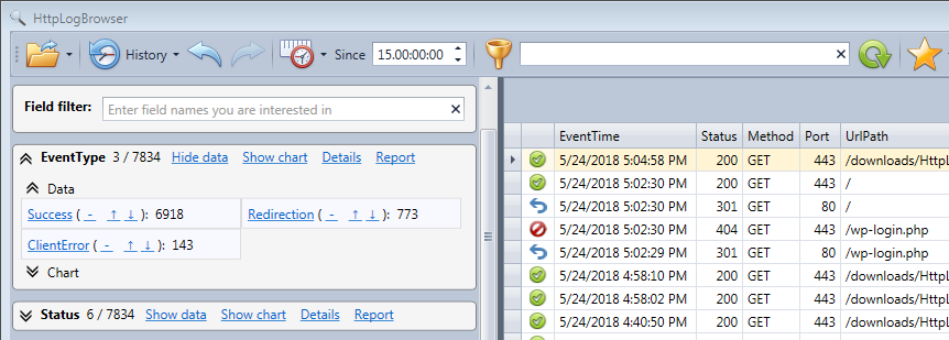 Version 3 of the HttpLogBrowser displaying an icon on each row to quickly identify the HTTP status of every web request