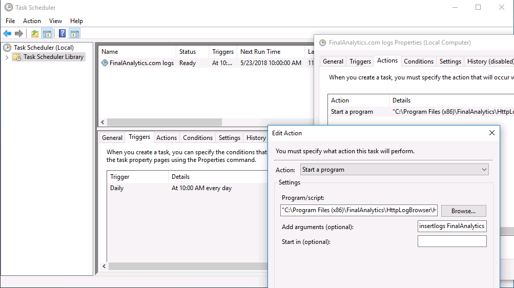 Scheduled database insertion of HTTP log rows with the HttpLogBrowser command line mode and the Windows Task Scheduler