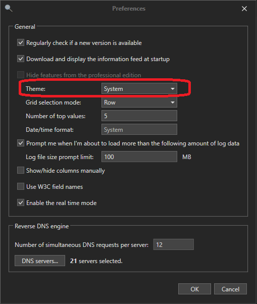 Configure the dark theme in the HttpLogBrowser