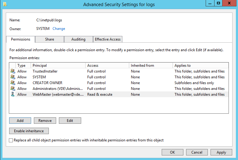 Apply permissions to IIS log folder