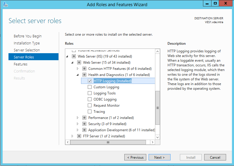 Install the Windows feature HTTP logging