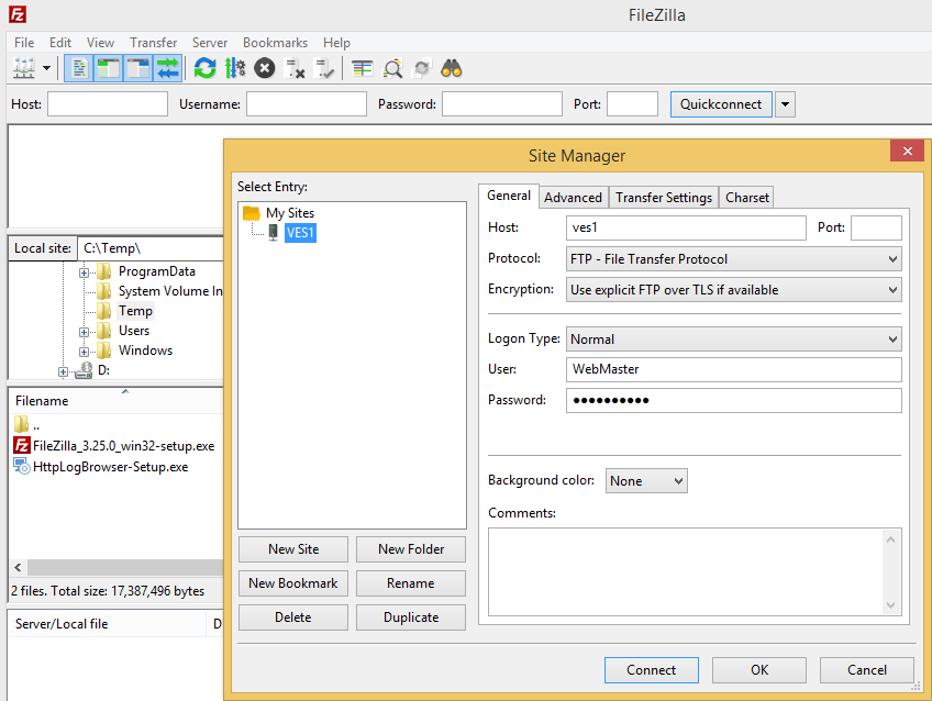 Add a FTP site in FileZilla