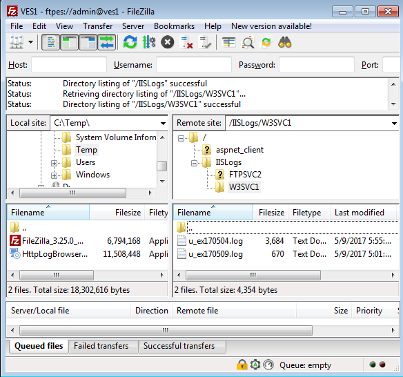 IIS HTTP log files accessed remotely with the FileZilla FTP client