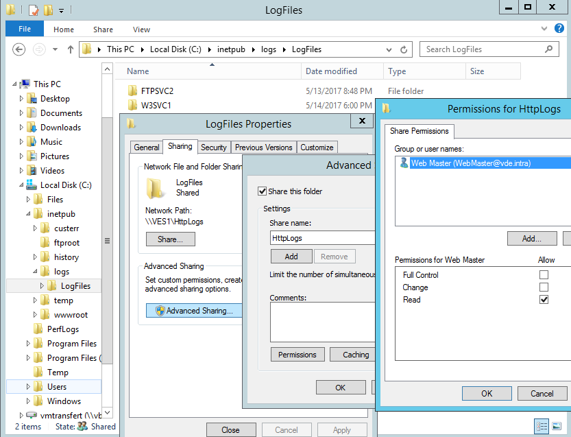Share the IIS HTTP W3C log folder