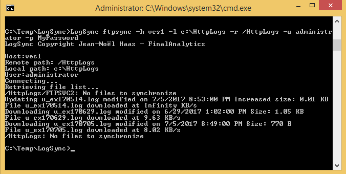 Log synchronization from a remote FTP site with the LogSync command line tool