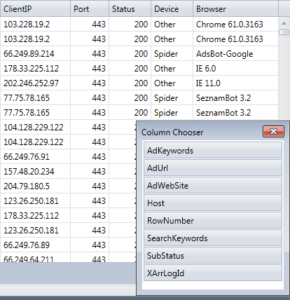 The column chooser in the HttpLogBrowser