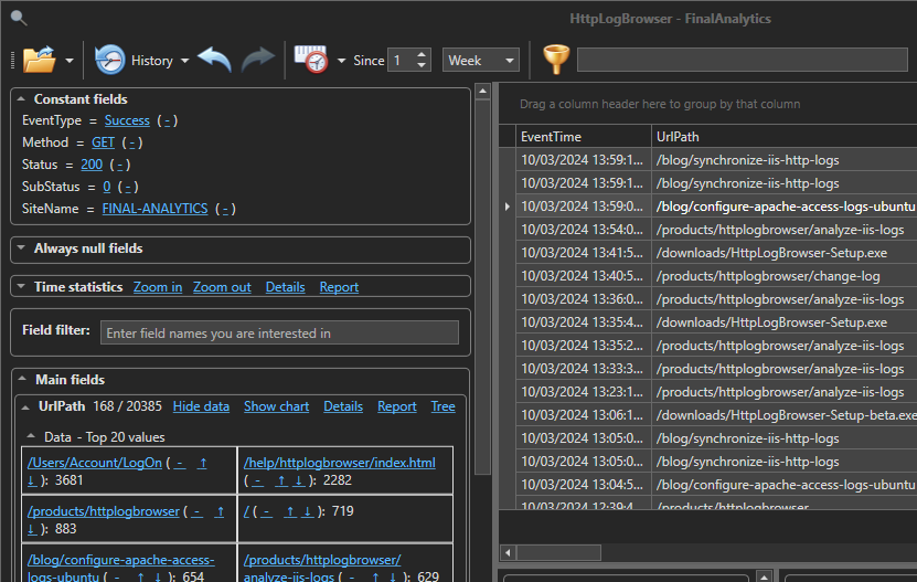 The HttpLogBrowser with the dark theme