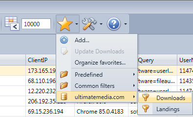 Selecting a favorite filter published in a database profile with the HttpLogBrowser