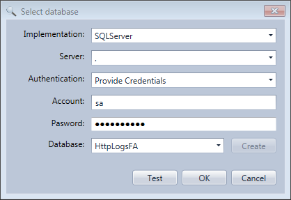 SQL server database configuration in the HttpLogBrowser
