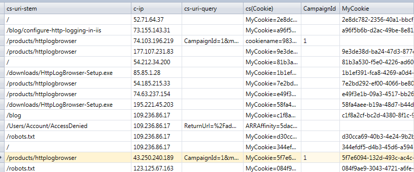 Query parameter and cookie extraction result from IIS logs