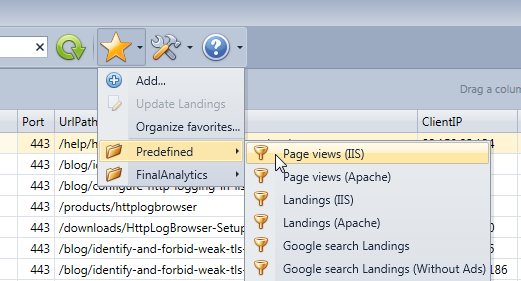 Favorites menu in the HttpLogBrowser