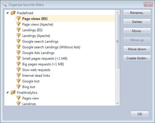 Organaize favorites dialog box in the HttpLogBrowser