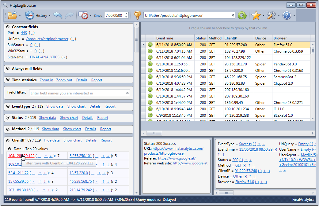 Filter out an IP address in the HttpLogBrowser