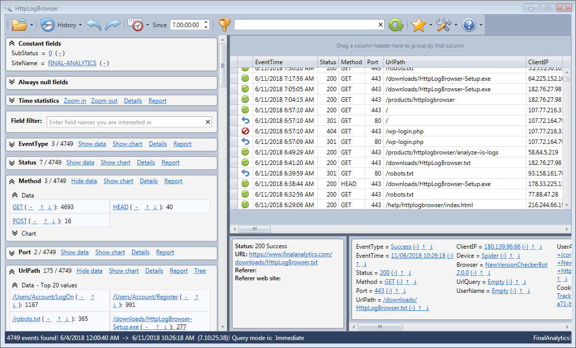 Log rows view and statistics panel in the HttpLogBrowser