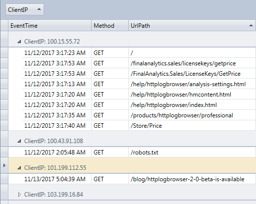 Group log rows by IP address in the HttpLogBrowser