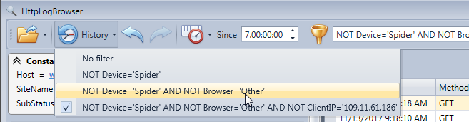 Filter history in the HttpLogBrowser