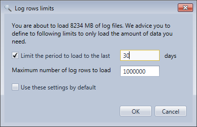Log limits dialog box in the HttpLogBrowser