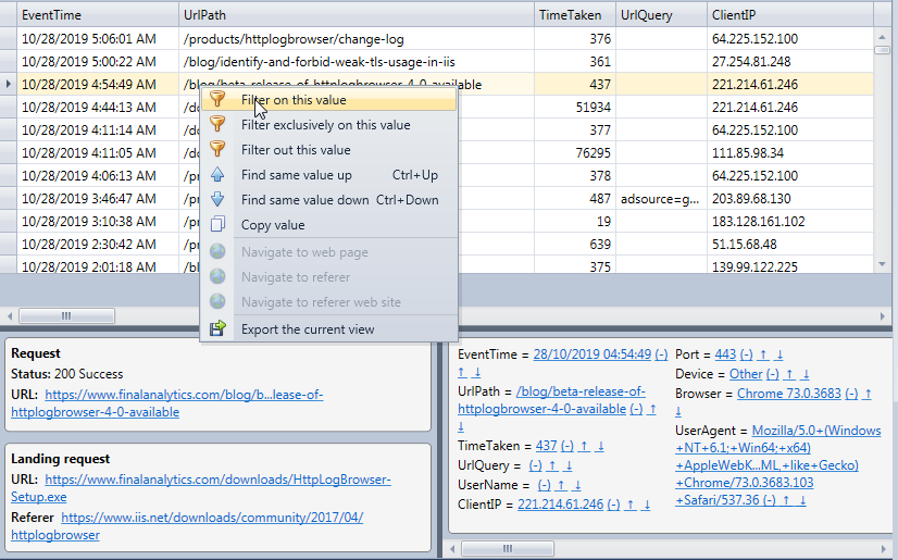 The log rows view in the HttpLogBrowser