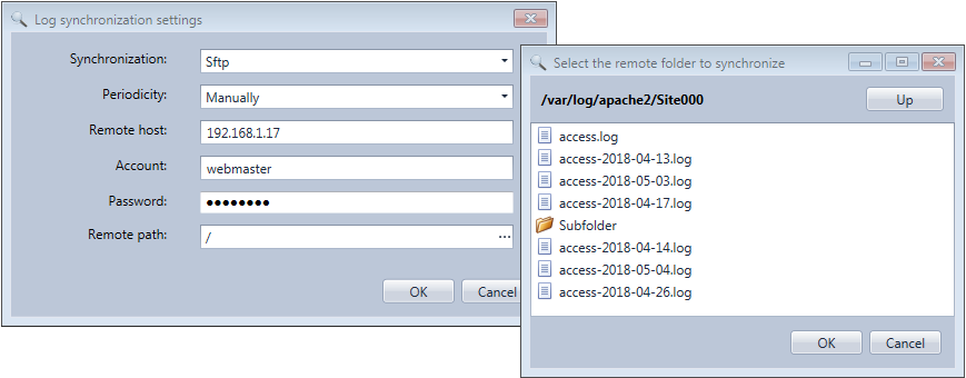 Log file synchronization settings in the HttpLogBrowser