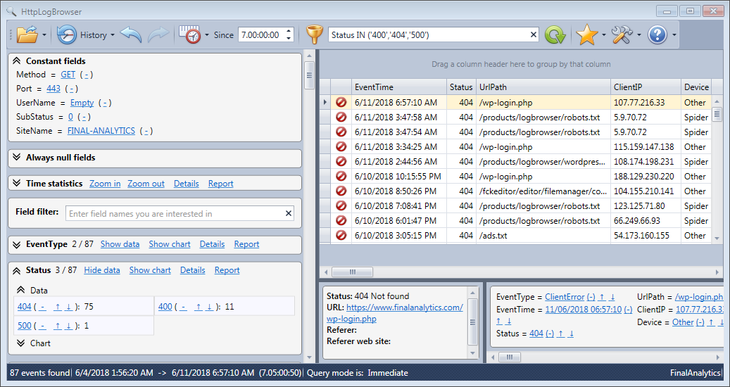 HttpLogBrowser displaying log rows filtered on several status values