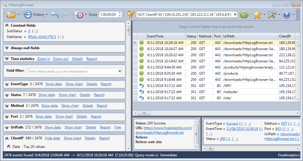 Several IP addresses are excluded from the HTTP requests in the HttpLogBrowser