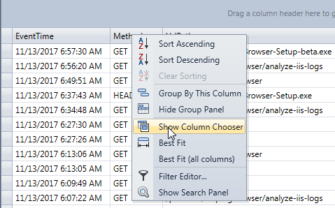 Display the datagrid column chooser in the HttpLogBrowser